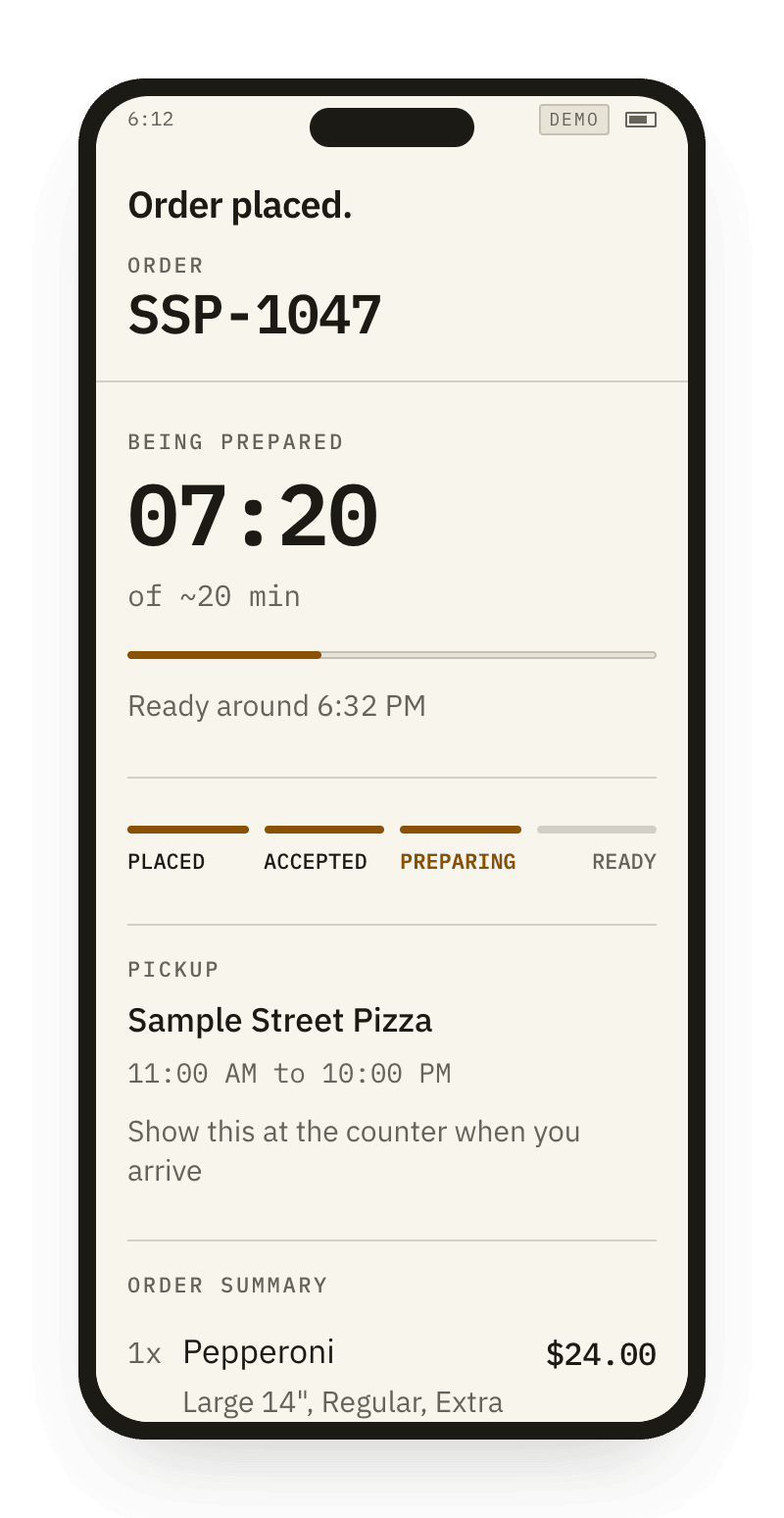 A phone showing an order counting down to the time it will be ready.